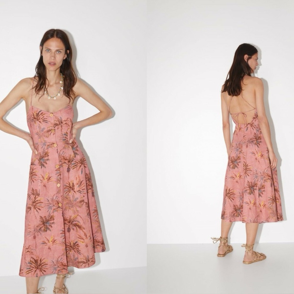 Zara Pink Linen Palm Tree Tropical Modi Straps Dress